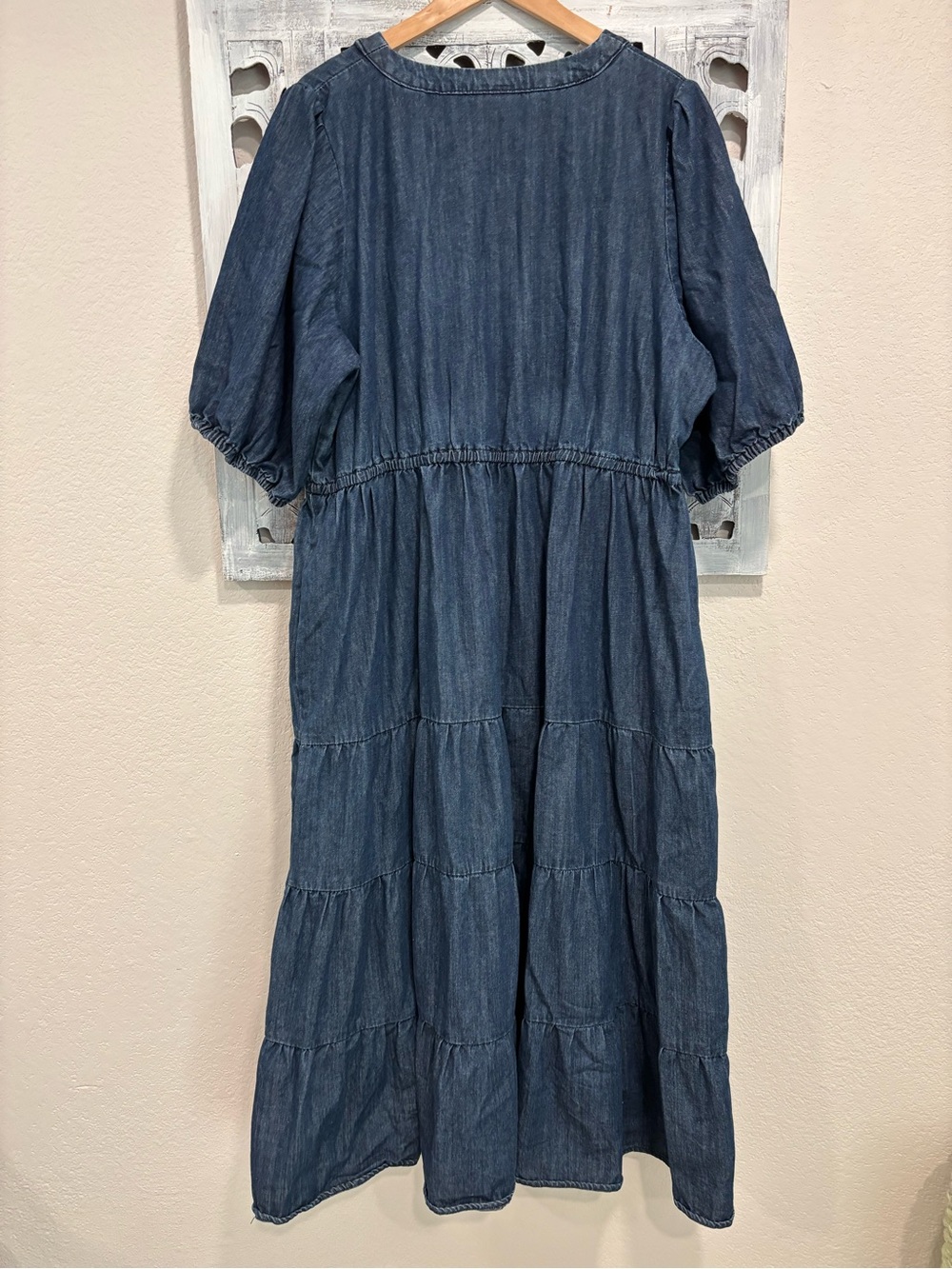 City Chic August Short Sleeve Dark Blue Denim Tiered Midi Dress - Picture 4 of 11